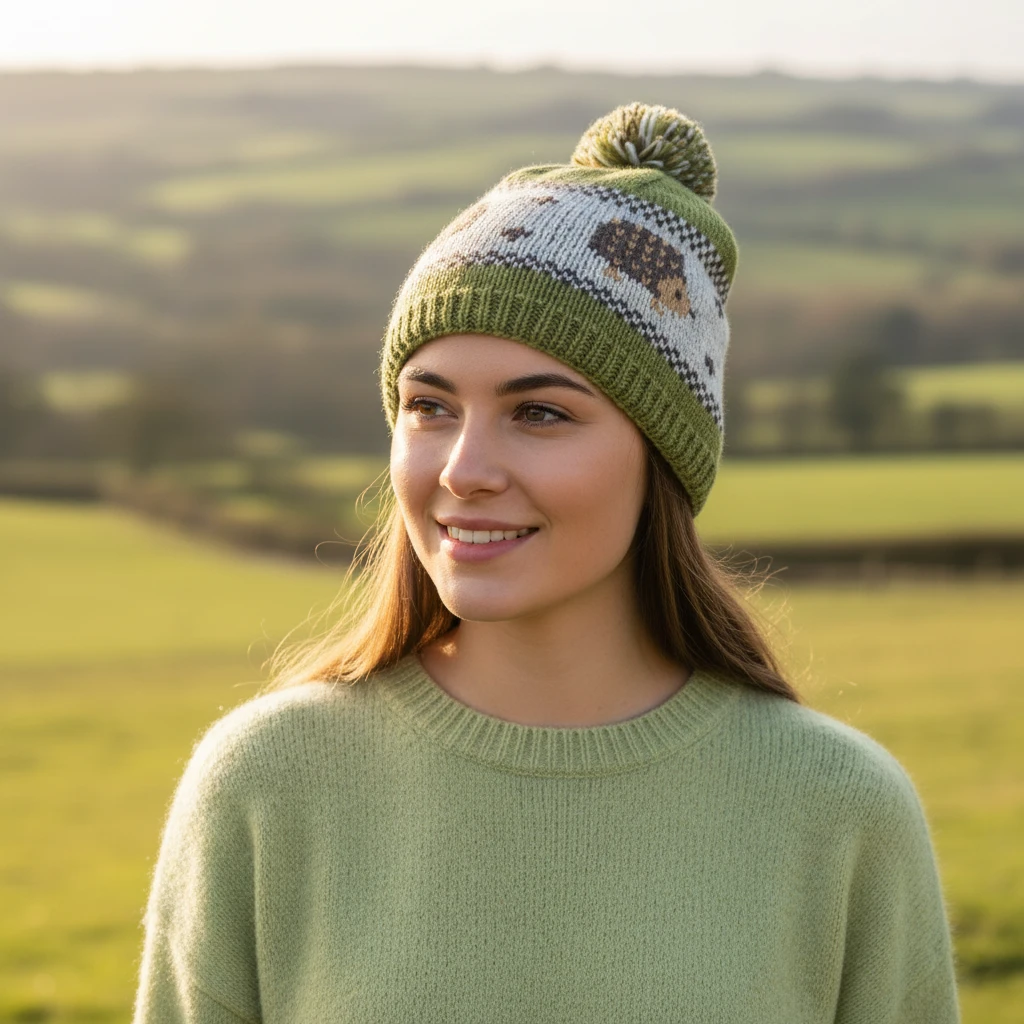 Hand-knitted Wool Bobble Beanie Hedgehog Design Fleece Lined With Pompom PN035
