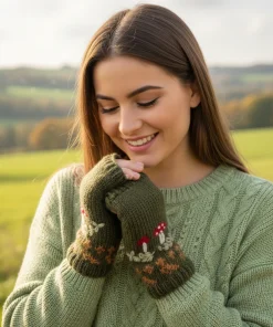 Pure Wool Hand Knitted Fingerless Mitten or Handwarmer Mushroom PN015HW Olive Green