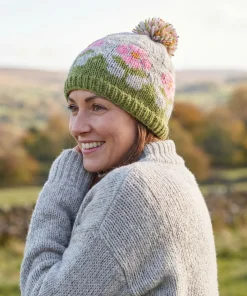 Hand-knit Pure Wool Bobble Beanie Sea Pink Wild Flower Design PN051 Fine Knit