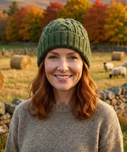 Hand-Knitted Supersoft Merino Unisex Beanie Unlined With Tradition Aran Stitching Olive Green PN010