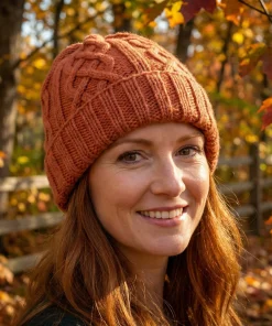 Hand-Knitted Supersoft Merino Unisex Beanie Unlined With Tradition Aran Stitching Orange PN010