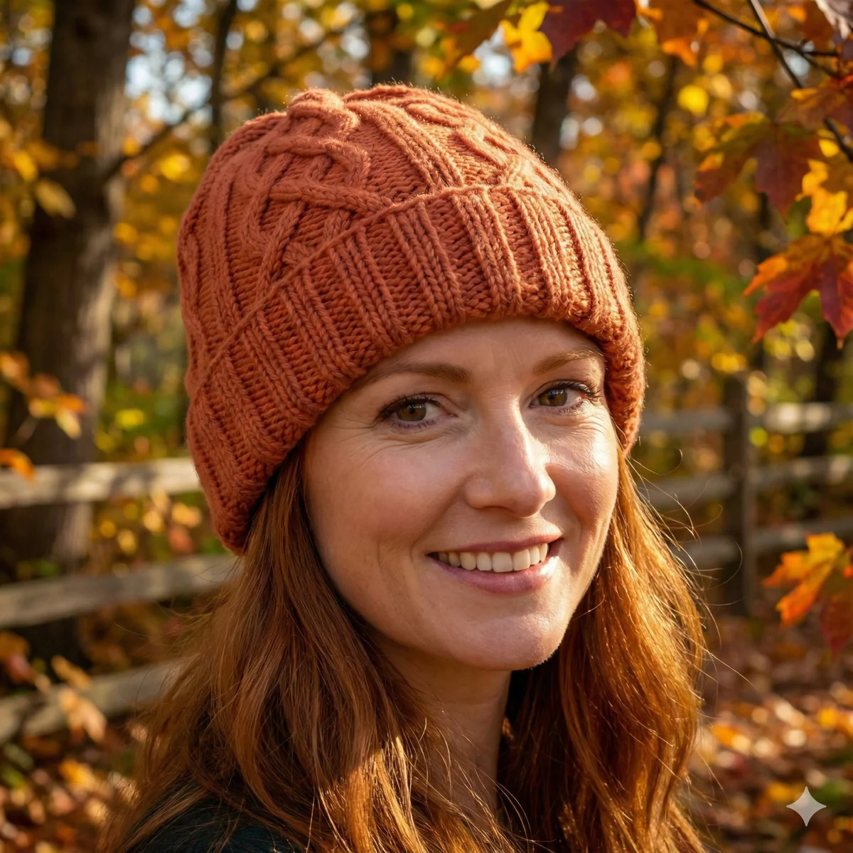 Hand-Knitted Supersoft Merino Unisex Beanie Unlined With Tradition Aran Stitching Orange PN010