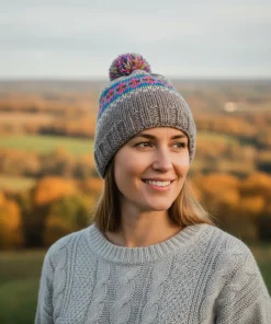 Hand-knitted Wool Bobble Beanie Grey and Pink Fleece Lined With Pompom NK012