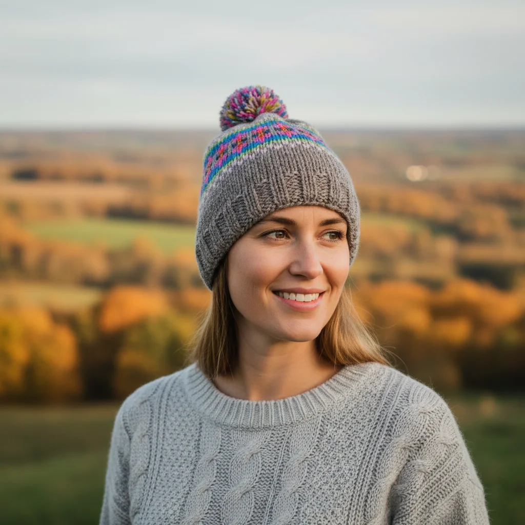 Hand-knitted Wool Bobble Beanie Grey and Pink Fleece Lined With Pompom NK012