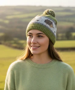 Hand-knitted Wool Bobble Beanie Hedgehog Design Fleece Lined With Pompom PN035