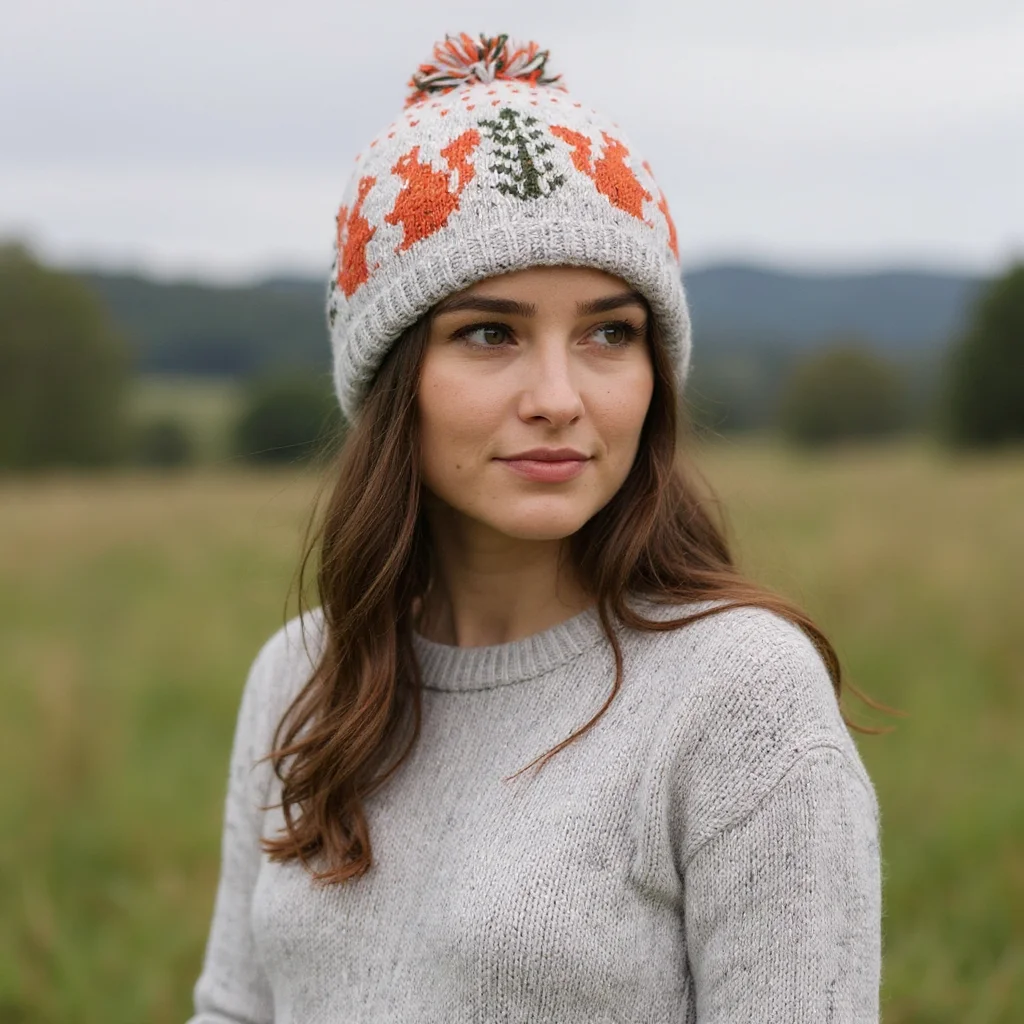 Hand-knitted Wool Irish Red Squirrel Design Bobble Beanie PN031 Fine Knit