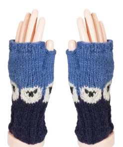 Alternative view of Pure Wool Hand Knitted Fingerless Mitten or Handwarmer Cable Boarder PN005HW Navy Blue
