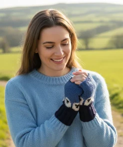 Pure Wool Hand Knitted Fingerless Mitten or Handwarmer Cable Boarder PN005HW Navy Blue