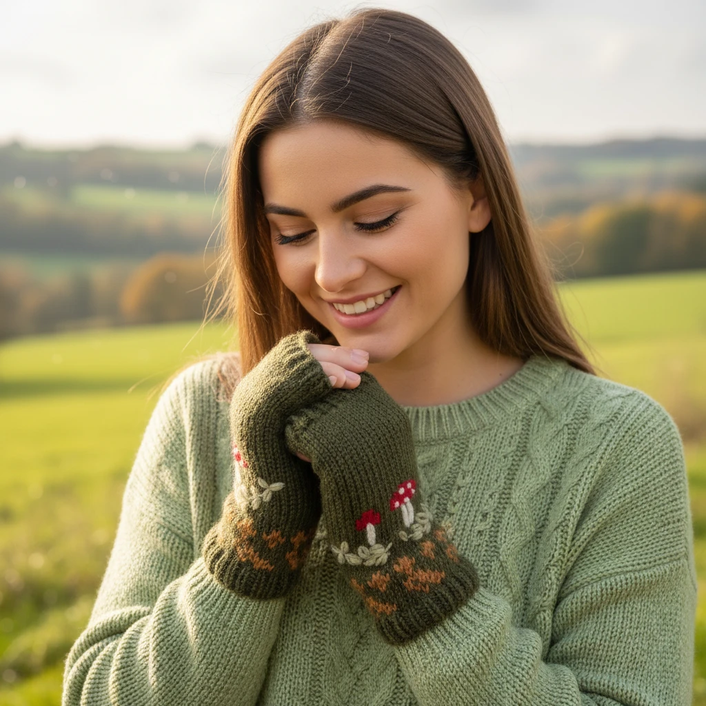 Pure Wool Hand Knitted Fingerless Mitten or Handwarmer Mushroom PN015HW Olive Green