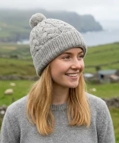 Hand knit Pure Wool Bobble Beanie Winter Hat Aran Cable Knit Grey RC15PP