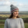 Hand-knitted Wool Bobble Beanie Grey Half Fleece Lined With Pompom NK087