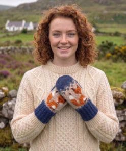 100% Wool Hand Knit Mitten Winter Gloves Fox Design NK1001