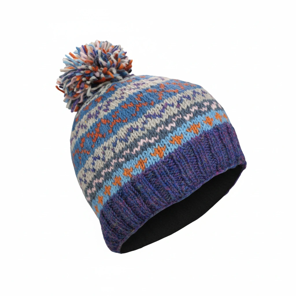 Hand Knit Pure Wool Bobble Beanie Fair Isle Design Heather Blue NK2002 - Image 2