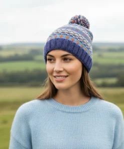 Hand Knit Pure Wool Bobble Beanie Fair Isle Design Heather Blue NK2002