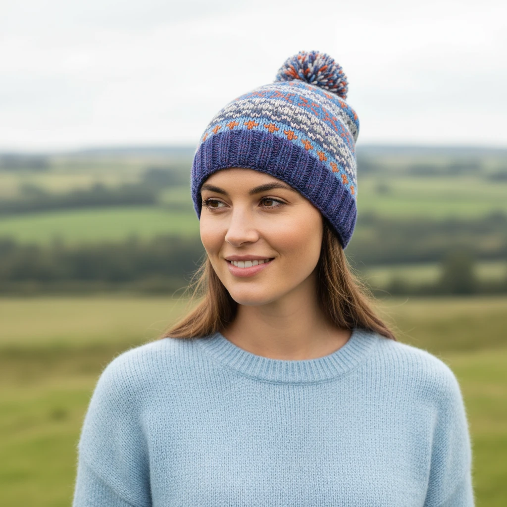 Hand Knit Pure Wool Bobble Beanie Fair Isle Design Heather Blue NK2002
