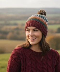 Hand Knit Pure Wool Bobble Beanie Fair Isle Design Rust Heather NK2001