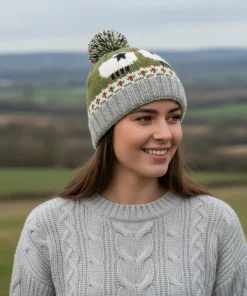 Hand Knit Pure Wool Bobble Beanie Two Sheep in Love Design NK1003 Fine Knit