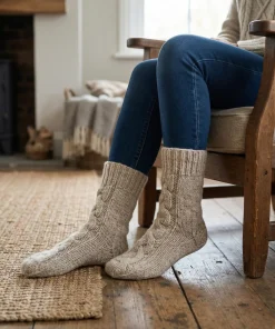 Pure Wool Hand Knit Chunky Warm Aran Cable Pattern Unlined Ladies Winter Socks SCSK002