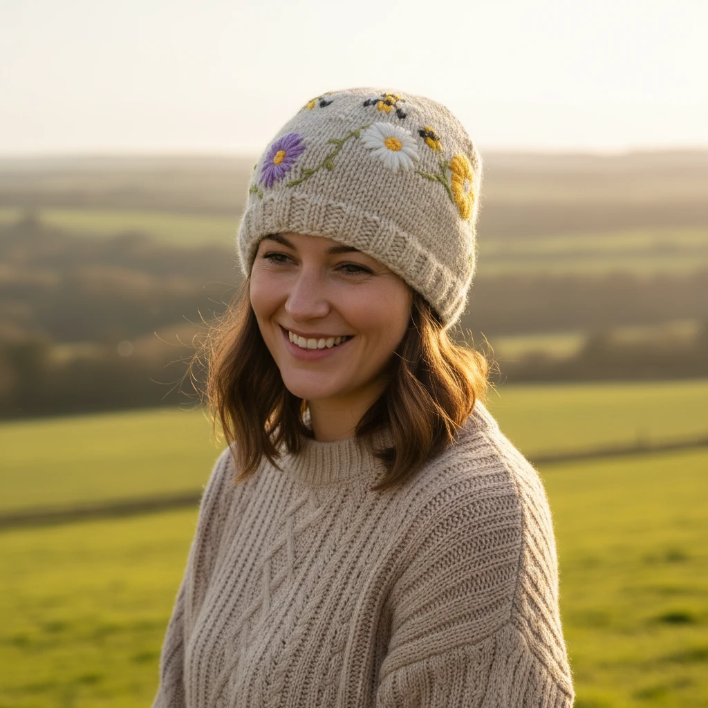 Hand knit Pure Wool Beanie Embroidery With Irish Wild Flowers Design PN036