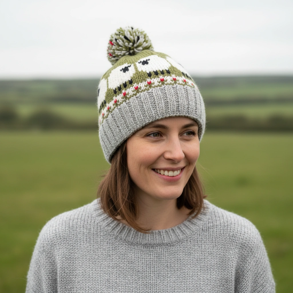 Hand Knit Pure Wool Beanie Sheep In The Meadow Design NK1002 Fine Knit