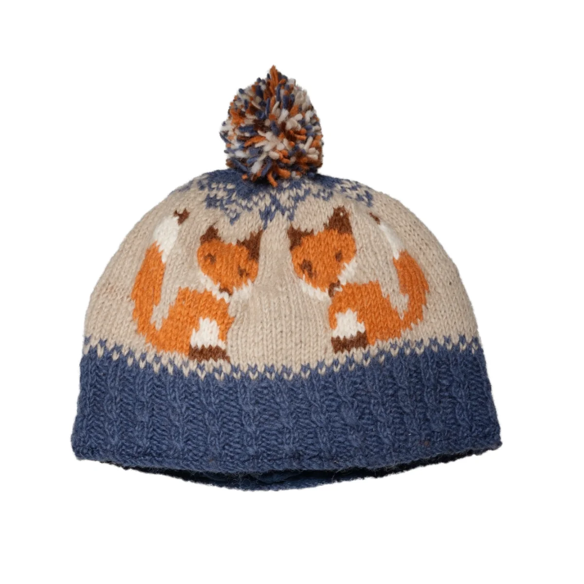 Hand-knit Pure Wool Bobble Beanie Fox Design NK1001 Beige Fine Knit - Image 2