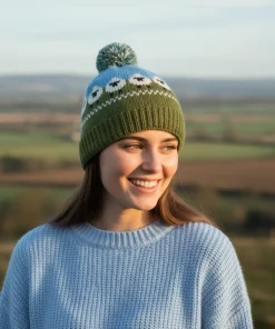 Pure Wool Unisex Bobble Beanie Fine Knit Sheep Sky Blue