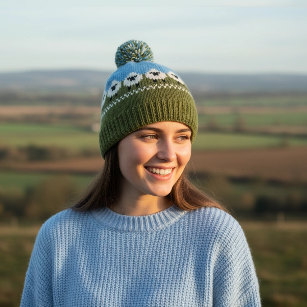 Pure Wool Unisex Bobble Beanie Fine Knit Sheep Sky Blue