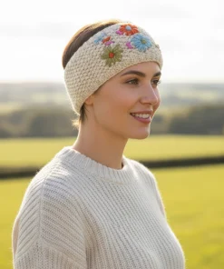 Hand Knitted Pure Wool Moss Stitch Headband With Embroidered Flowers HB075 Oatmeal