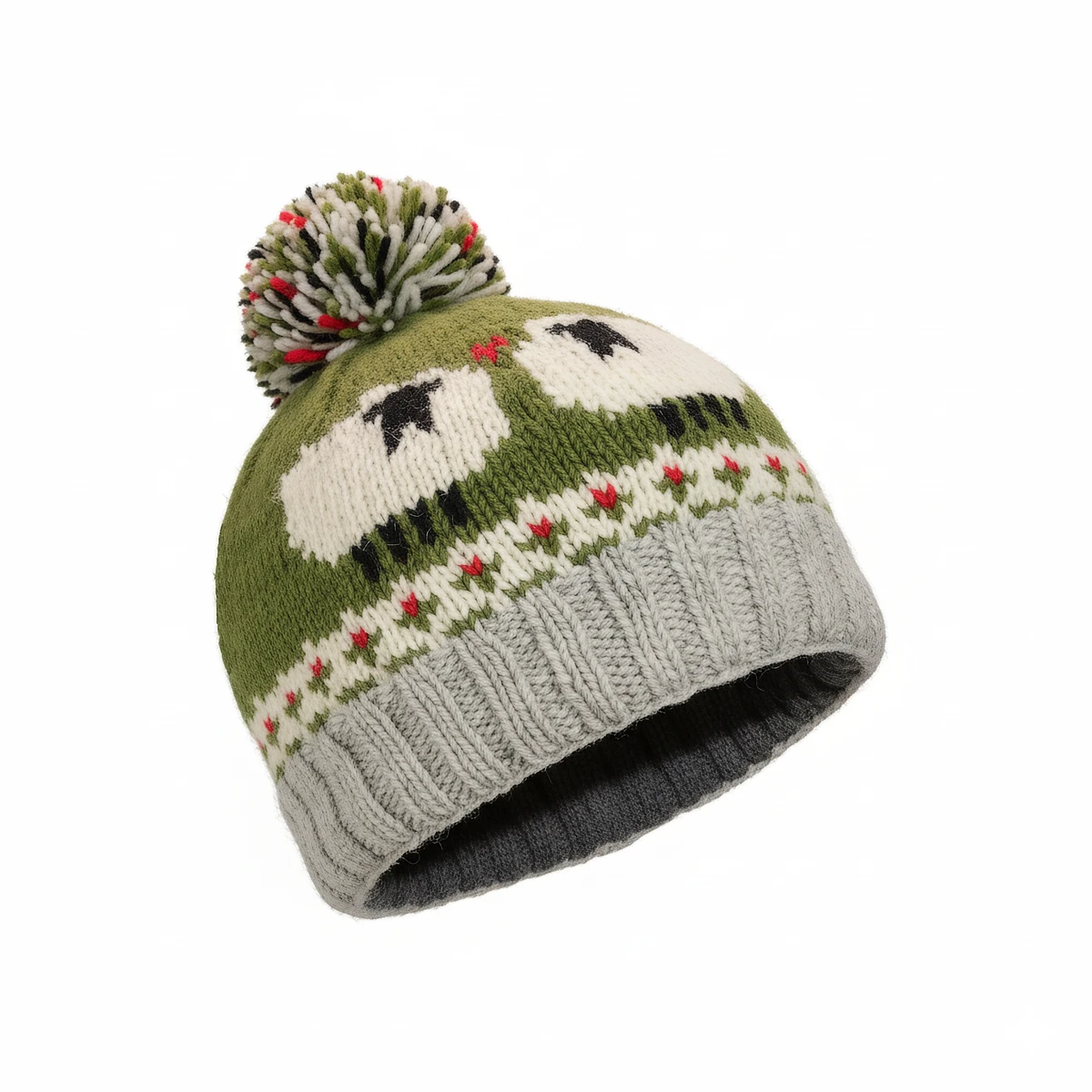 Hand Knit Pure Wool Bobble Beanie Two Sheep in Love Design NK1003 Fine Knit - Image 2