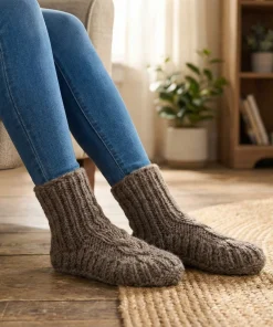 Alternative view of Pure Wool Hand Knitted Ladies Warm Chunky Slipper Socks Fleece-Lined Aran Cable Pattern NKSS001