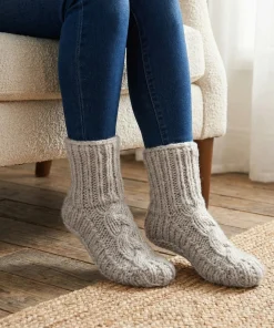 Pure Wool Hand Knitted Ladies Warm Chunky Slipper Socks Fleece-Lined Aran Cable Pattern NKSS001