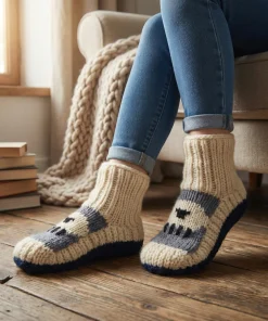 Pure Wool Hand Knitted Ladies Warm Chunky Slipper Socks Fleece-Lined With Sheep NKSS002