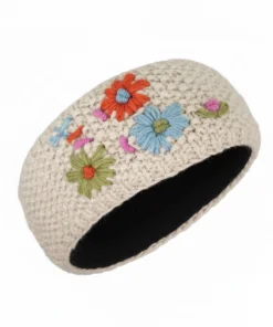 Alternative view of Hand Knitted Pure Wool Moss Stitch Headband With Embroidered Flowers HB075 Oatmeal