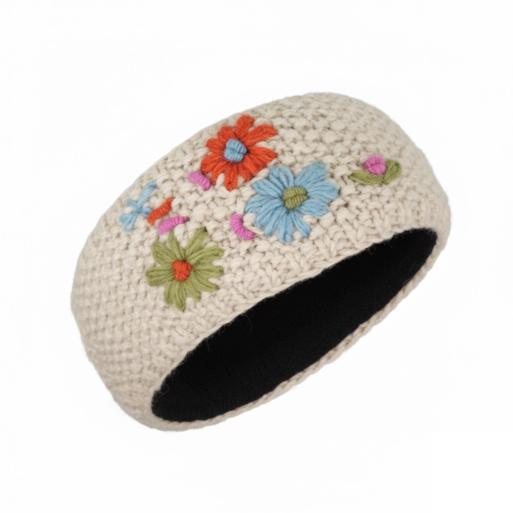 Hand Knitted Pure Wool Moss Stitch Headband With Embroidered Flowers HB075 Oatmeal - Image 2
