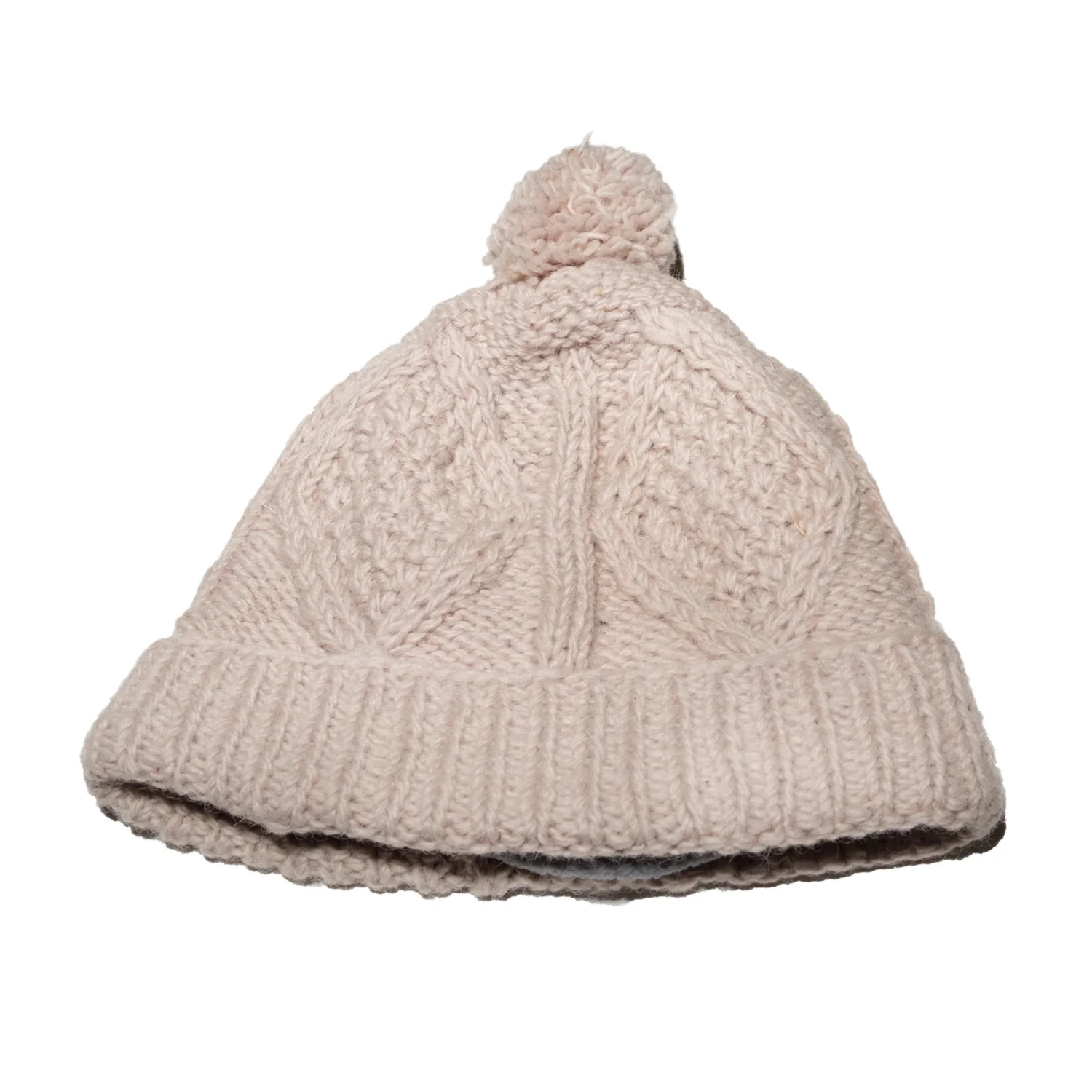 100 Lamb Wool Bobble Beanie Winter Hat Aran Knit Beige Rc16