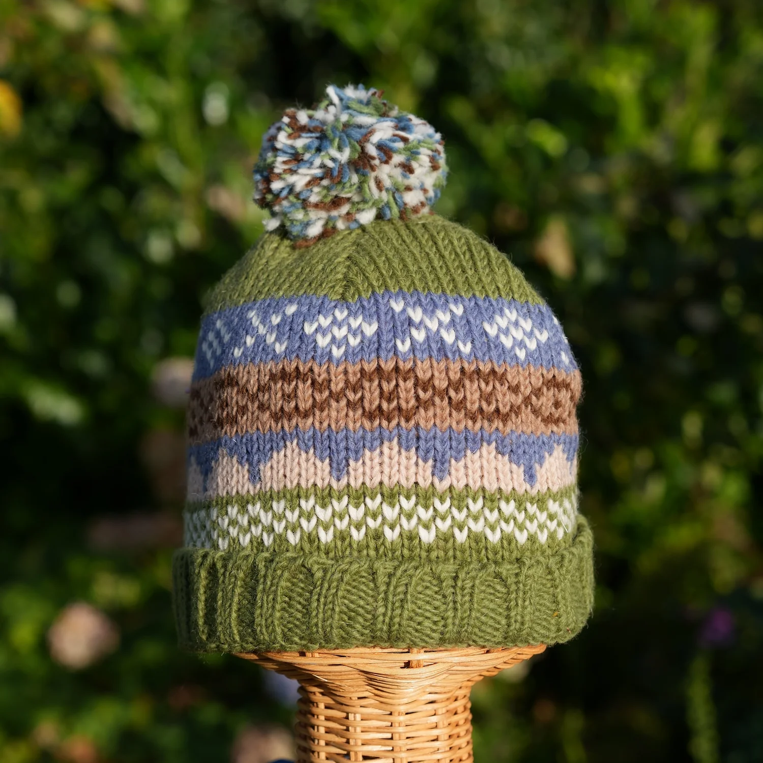 100 Lamb Wool Roll Back Bobble Beanie Winter Hat Olive Green Tc05 2