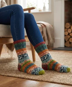 Pure Wool Hand Knit Chunky Warm Ladies Winter Socks Fair Isle Design Rust Heather SCSK005