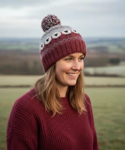 Hand Knitted Pure Wool Fair Isle Sheep Design Bobble Beanie Rust Heather NK254