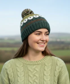 Hand Knitted Pure Wool Fair Isle Sheep Design Bobble Beanie Dark Green NK276