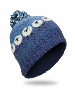 Alternative view of Hand Knitted Pure Wool Fair Isle Sheep Design Bobble Beanie Denim Blue NK255