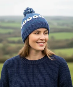 Hand Knitted Pure Wool Fair Isle Sheep Design Bobble Beanie Denim Blue NK255