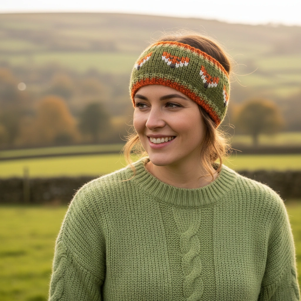 Pure Wool Hand Knitted Headband Fox Design Green HB081-GN