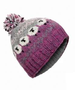 Alternative view of Hand Knitted Pure Wool Fair Isle Sheep Design Bobble Beanie Heather Pink NK232