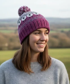 Hand Knitted Pure Wool Fair Isle Sheep Design Bobble Beanie Heather Pink NK232