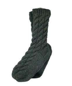 Pure Wool Hand Knit Chunky Warm Aran Cable Pattern Men's Winter Socks Fleck Forest Green PNSK003 - Image 2