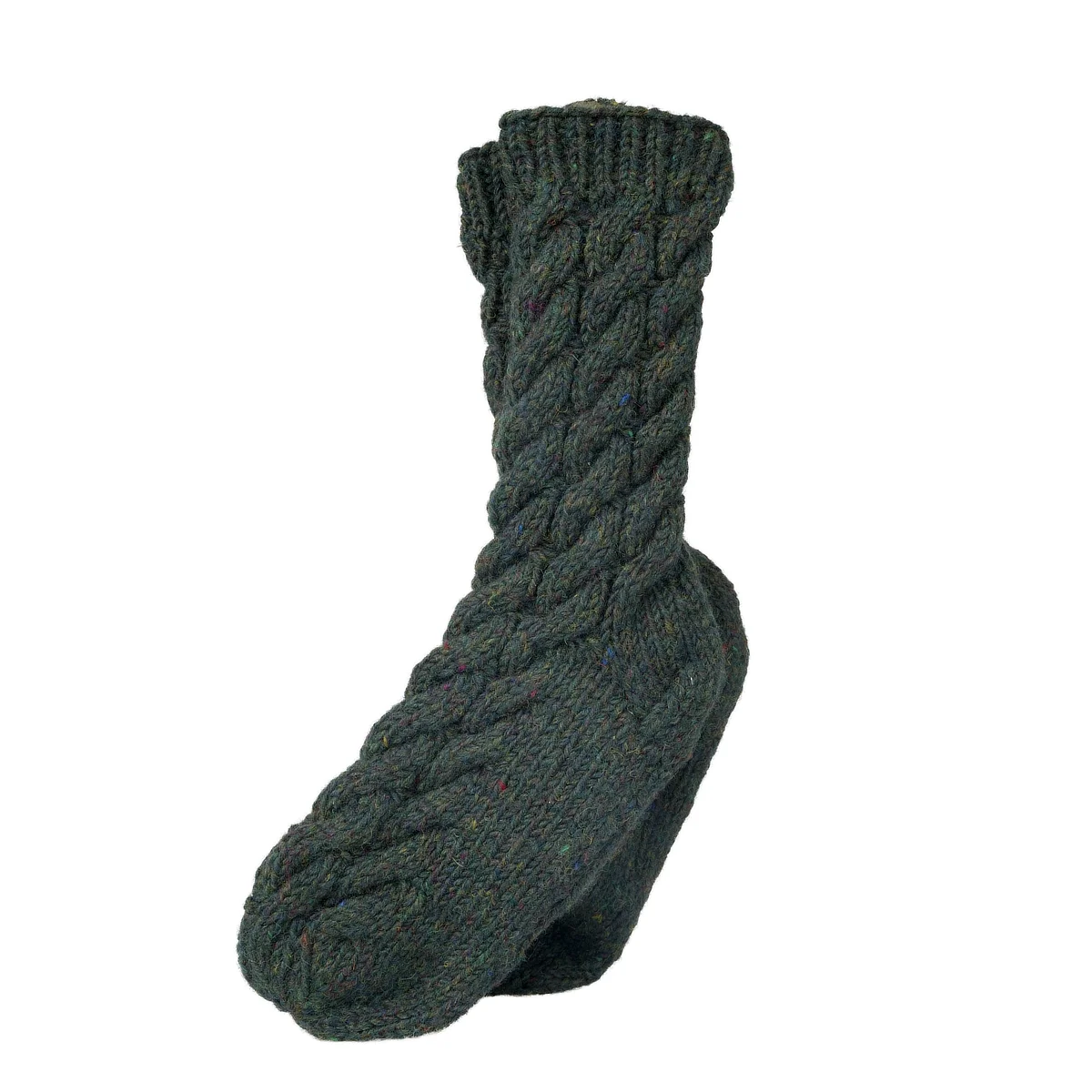Pure Wool Hand Knit Chunky Warm Aran Cable Pattern Men's Winter Socks Fleck Forest Green PNSK003 - Image 2