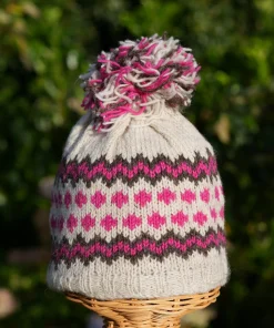 100 Lamb Wool Bobble Beanie Winter Hat Grey And Pink Rc61 2