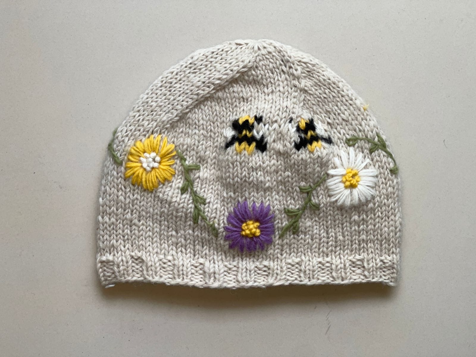 Hand knit Pure Wool Beanie Embroidery With Irish Wild Flowers Design PN036 - Image 2