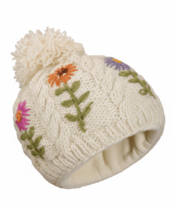 Alternative view of Hand-knit Pure Wool Bobble Beanie Embroidery Daisy Flower Design PN049