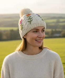 Hand-knit Pure Wool Bobble Beanie Embroidery Daisy Flower Design PN049